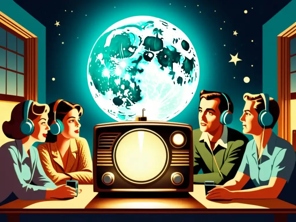 Grupo emocionado escucha conspiraciones modernas sobre la Luna en una ilustración vintage detallada, con ambiente misterioso y nostálgico