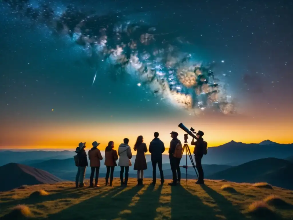 Grupo de entusiastas de la astrofotografía reunidos alrededor de un telescopio al atardecer, con la silueta de una cordillera y un cielo estrellado