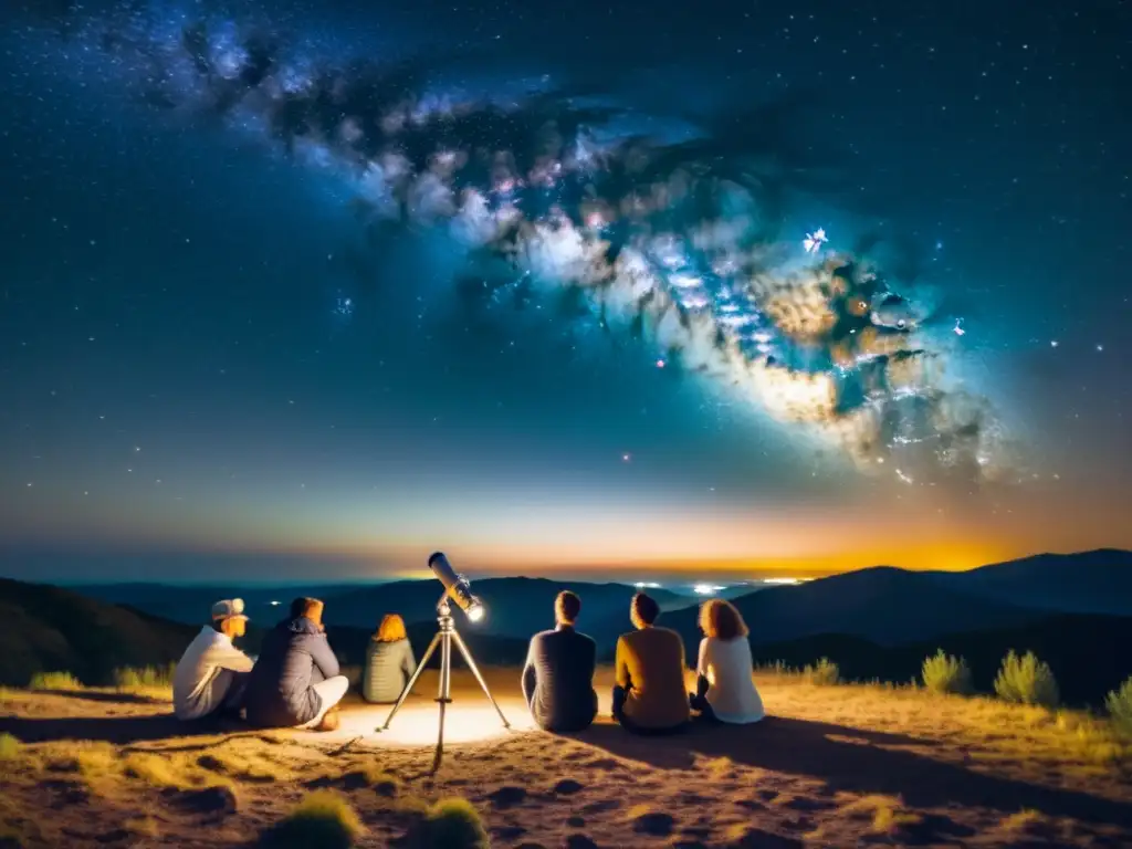 Un grupo de entusiastas de la astrofotografía se reúne alrededor de un telescopio bajo un cielo estrellado