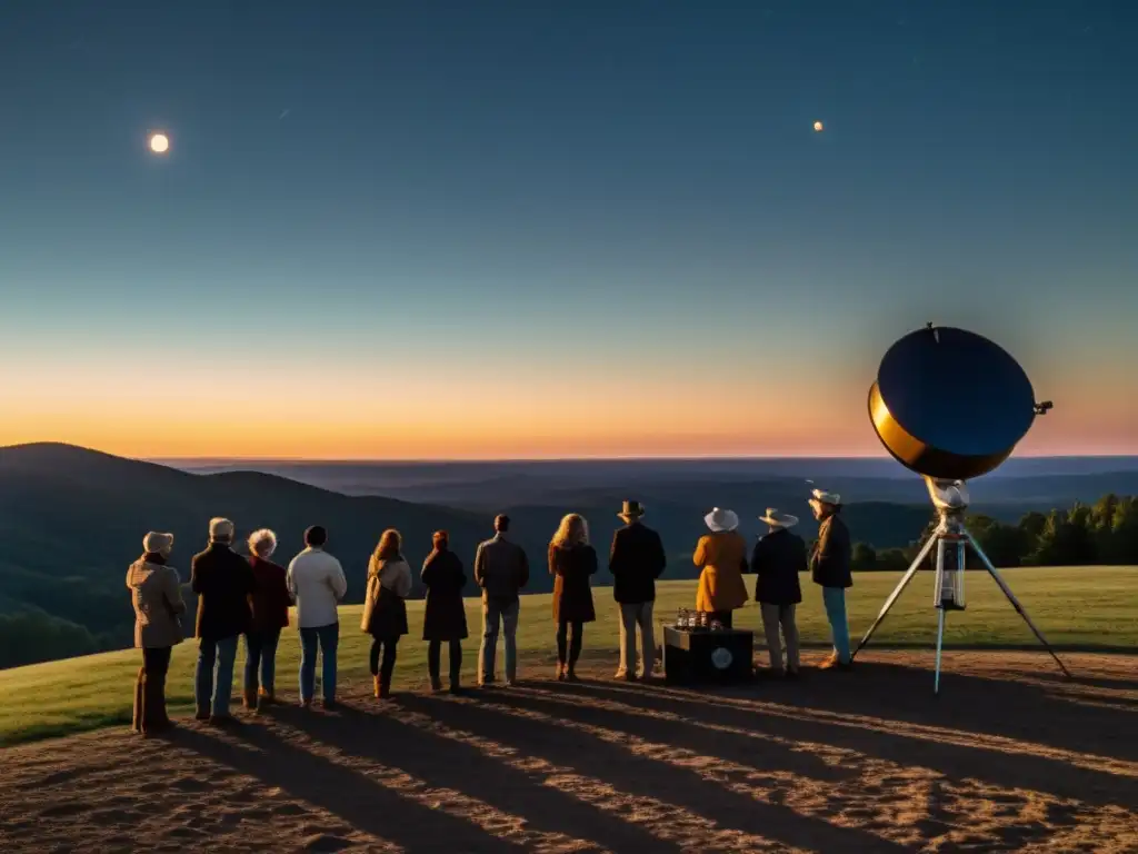 Un grupo de entusiastas se reúne para vivir un eclipse astronómico, ajustando sus equipos con emoción y camaradería