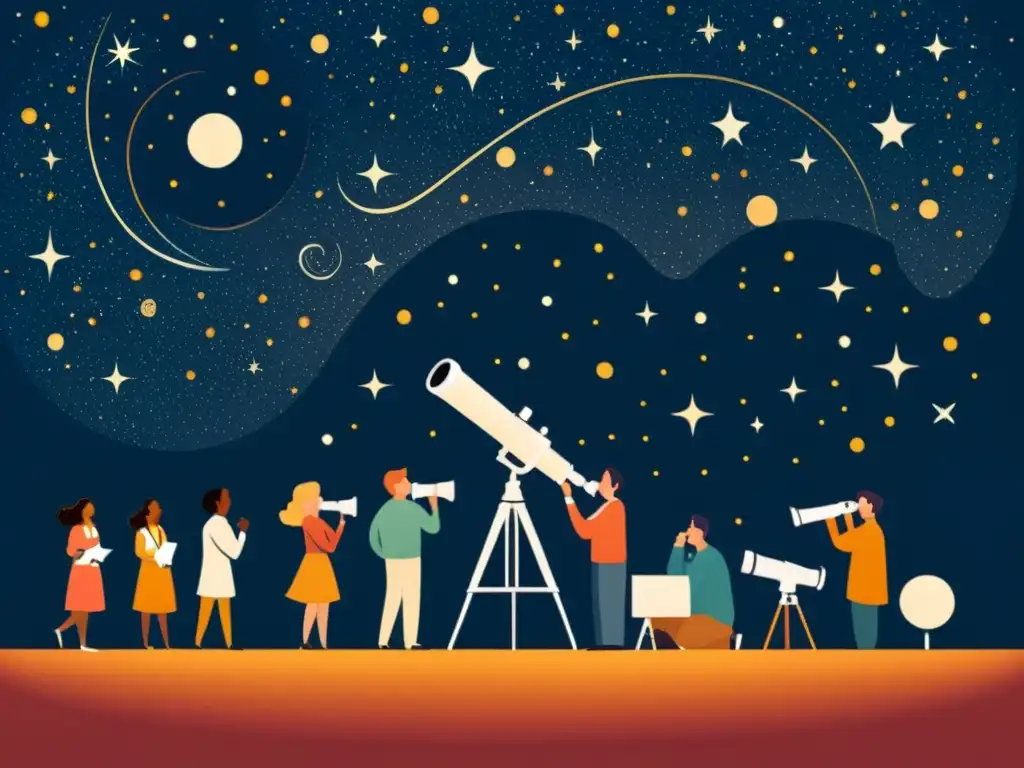 Un grupo disfruta de la observación estelar con telescopios bajo un cielo estrellado en una ilustración vintage