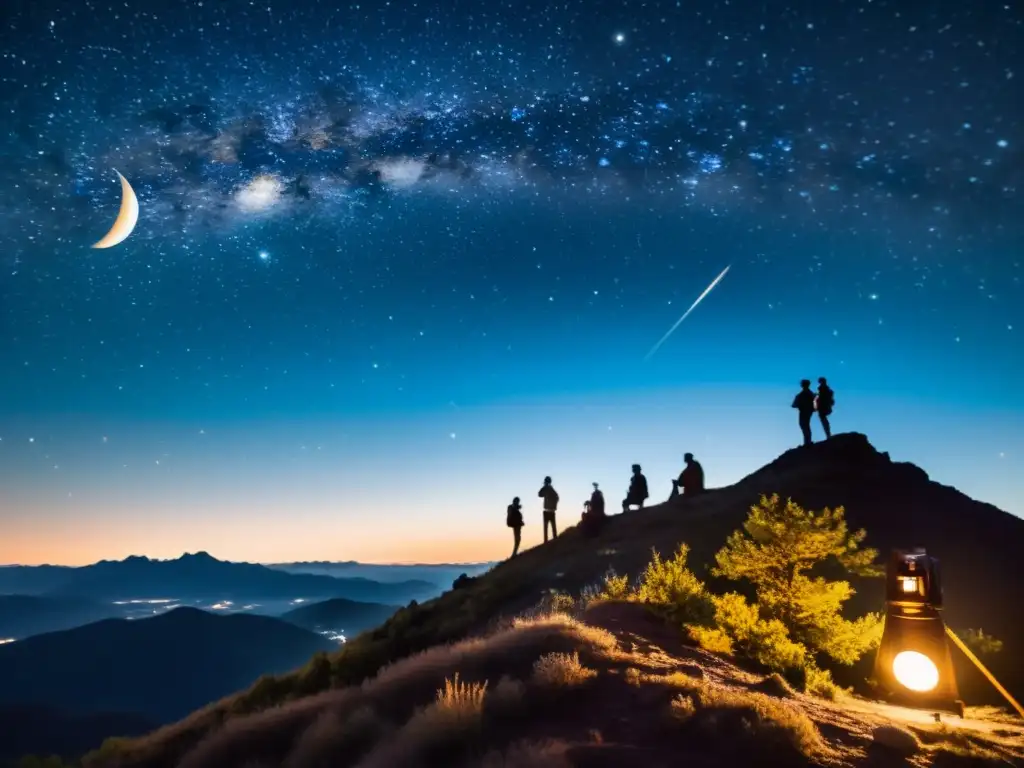 Un grupo observando estrellas desde montañas, con telescopios y cartas astrales bajo un cielo estrellado y la luna brillante