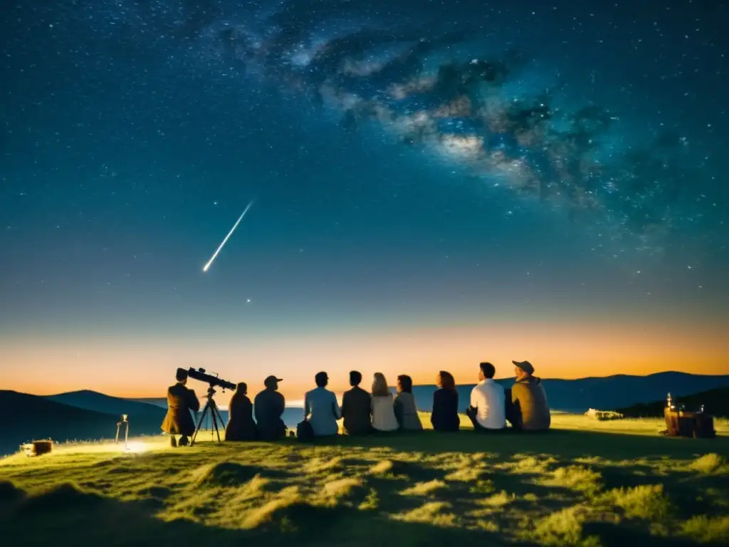 Grupo observa estrellas con telescopio bajo el cielo nocturno, evocando herencia cultural y cómo la contaminación lumínica afecta esta tradición