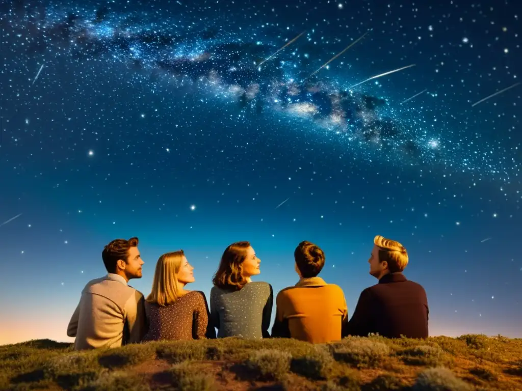 Observando el cielo estrellado: maravilla celestial en ilustración vintage Grupo admirando las estrellas en ilustración vintage, evocando asombro y curiosidad