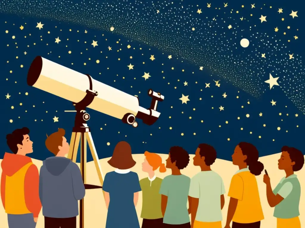 Grupo de estudiantes observando el cielo estrellado a través de un telescopio, con expresiones de asombro y la guía del profesor