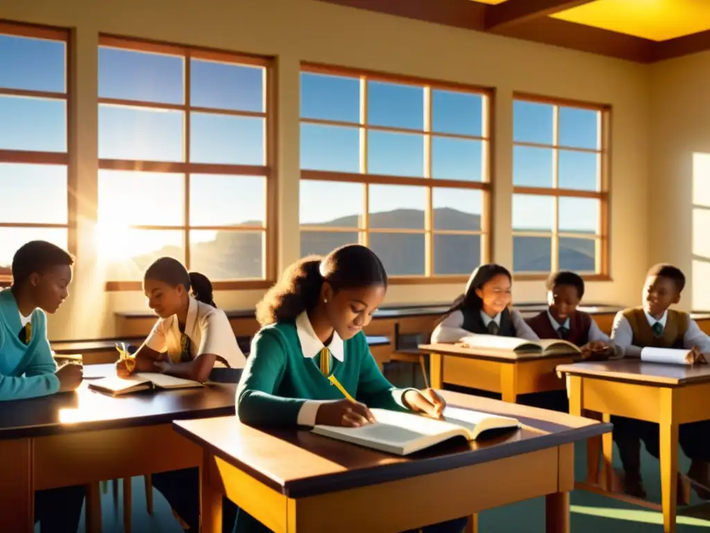 Un grupo de estudiantes entusiastas participa en programas educativos de observación solar segura en un aula vintage, bajo la cálida luz del sol