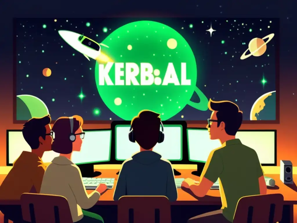 Un grupo de estudiantes se reúne alrededor de un ordenador, iluminados por su pantalla mientras exploran el espacio con Kerbal Space Program