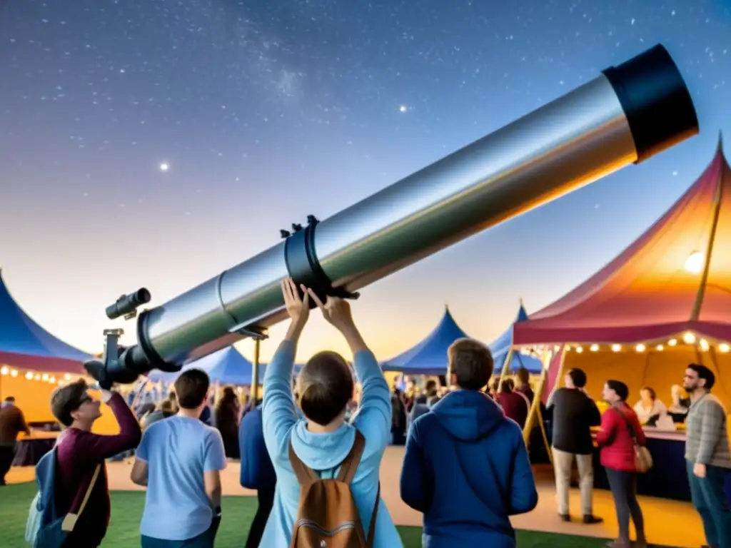 Grupo de estudiantes y su profesor ajustando un telescopio vintage en una bulliciosa feria de astronomía