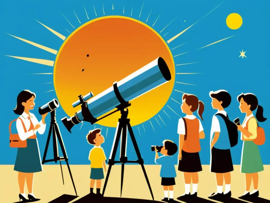 Grupo de estudiantes en un programa educativo de observación solar segura, usando telescopios solares vintage con su profesor