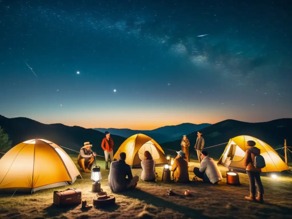 Grupo disfruta de Eventos de observación de estrellas bajo cielo estrellado con linternas vintage y equipo de campamento antiguo