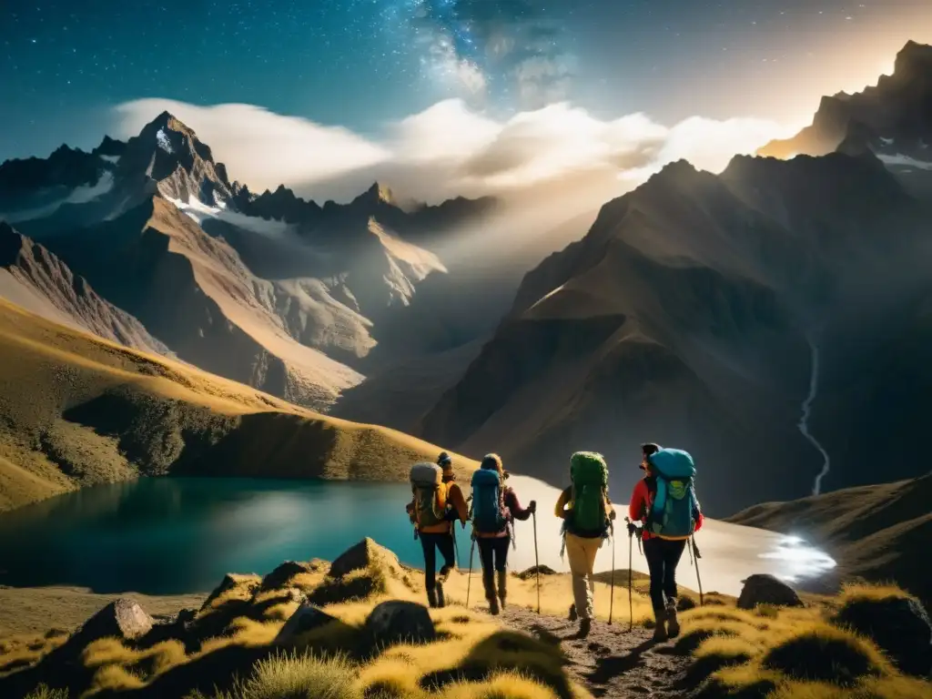 Grupo de excursionistas observando estrellas y disfrutando de la mitología en los Andes durante la noche