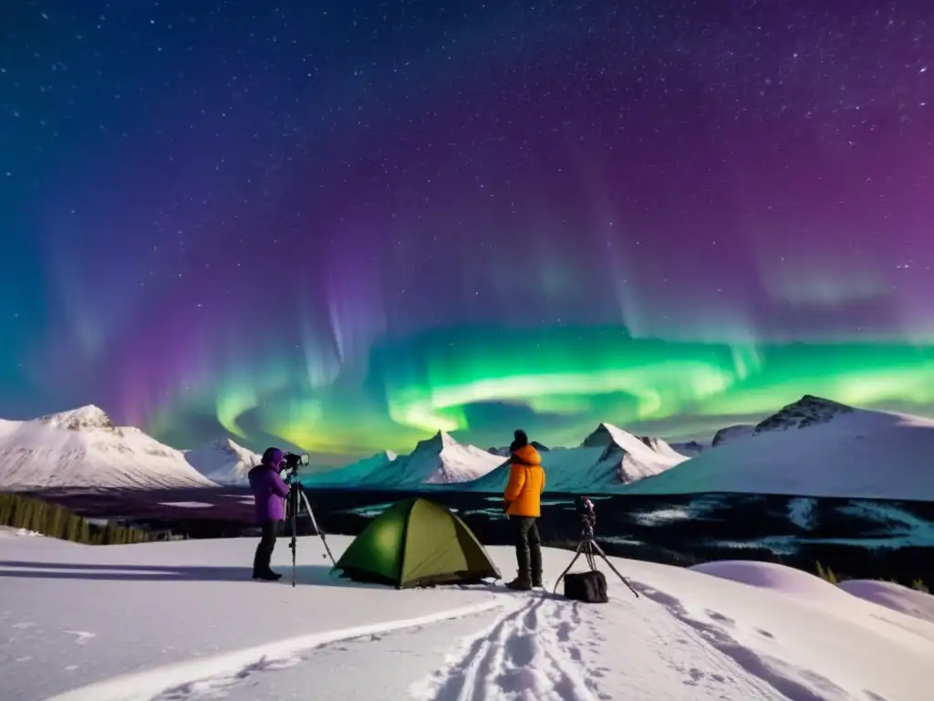 Un grupo de expedicionarios se prepara para cazar auroras boreales en un paisaje nevado al anochecer