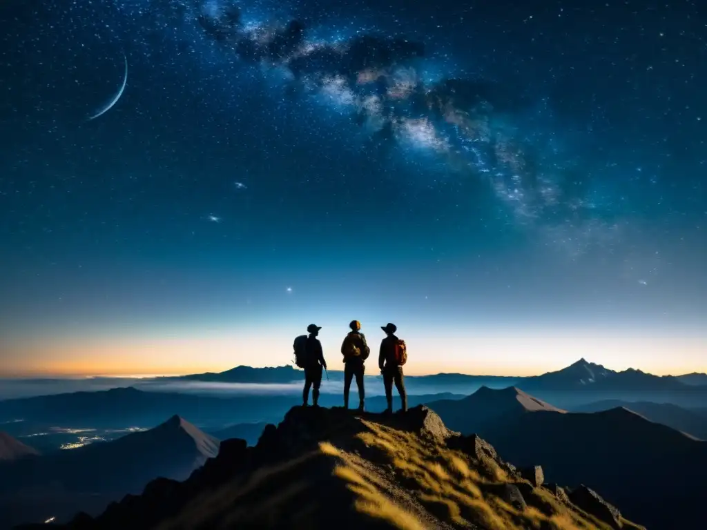 Un grupo de exploradores admirando la belleza celestial en la cumbre de una montaña sagrada