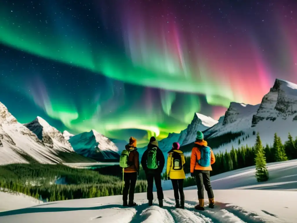 Grupo de exploradores observando un espectáculo cósmico bajo la aurora boreal en la montaña