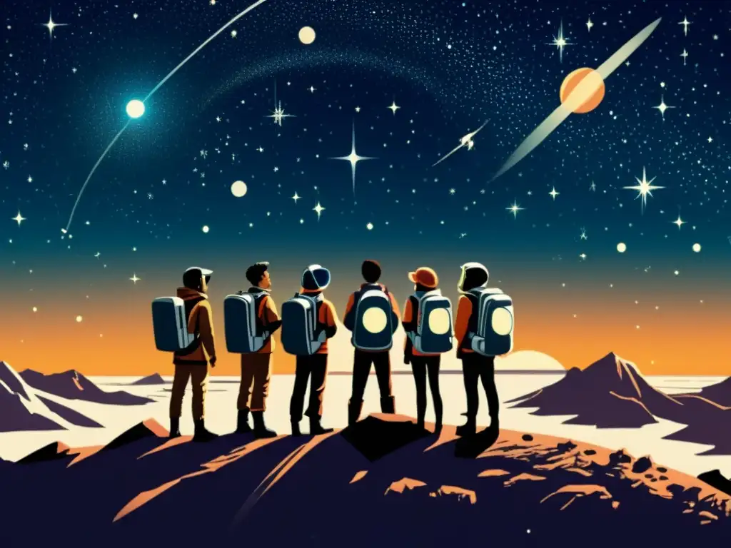 Grupo de exploradores galácticos con mochilas para viajeros de galaxias, admirando las constelaciones en un lejano planeta bajo un cielo estrellado