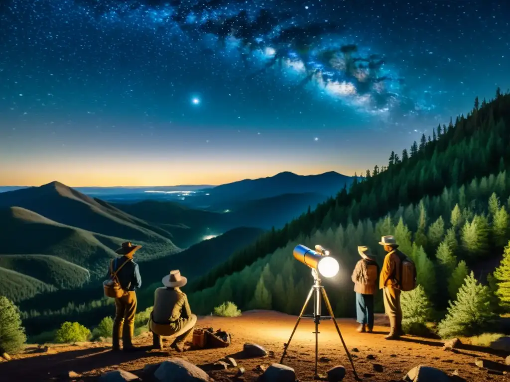 Grupo de exploradores observando grandes eventos cósmicos bajo el cielo estrellado en la montaña