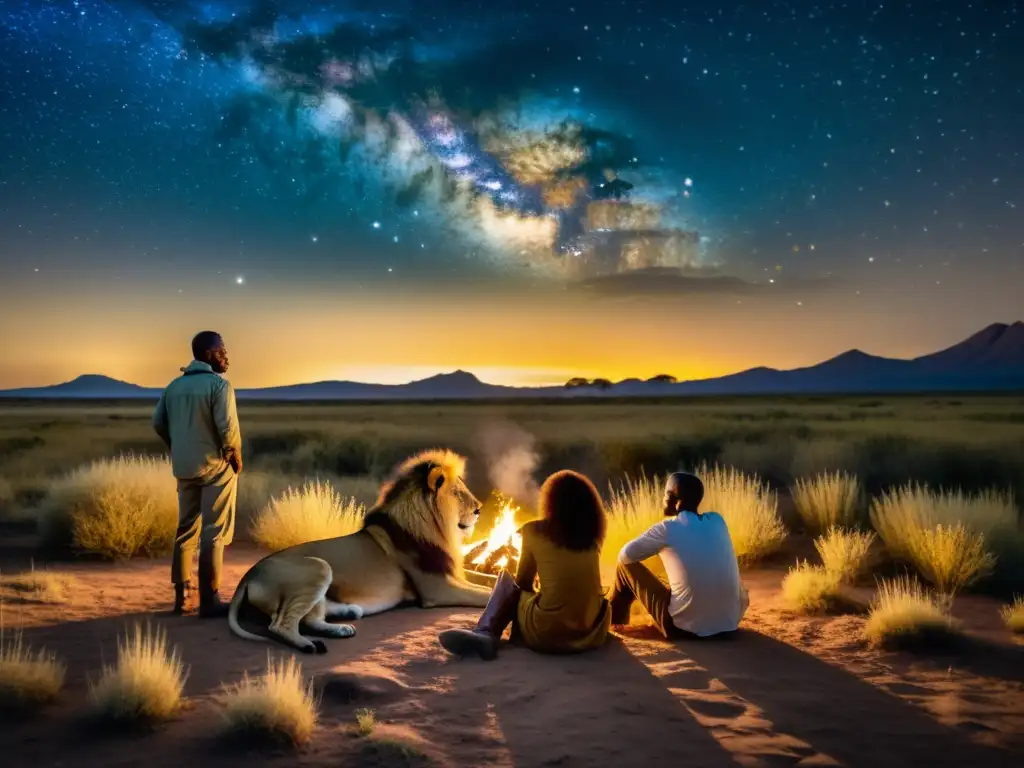 Un grupo de exploradores observa majestuoso león africano bajo el cielo estrellado