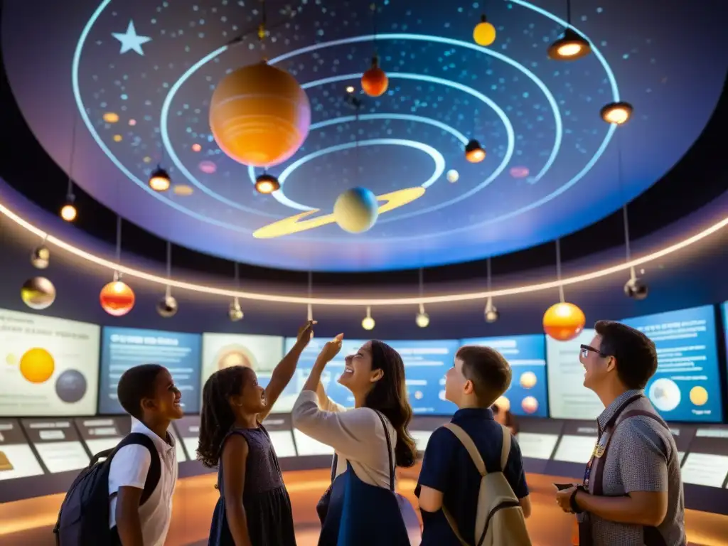 Grupo disfruta exposiciones interactivas exploración estrellas en museo de ciencia con atmósfera mágica y nostálgica