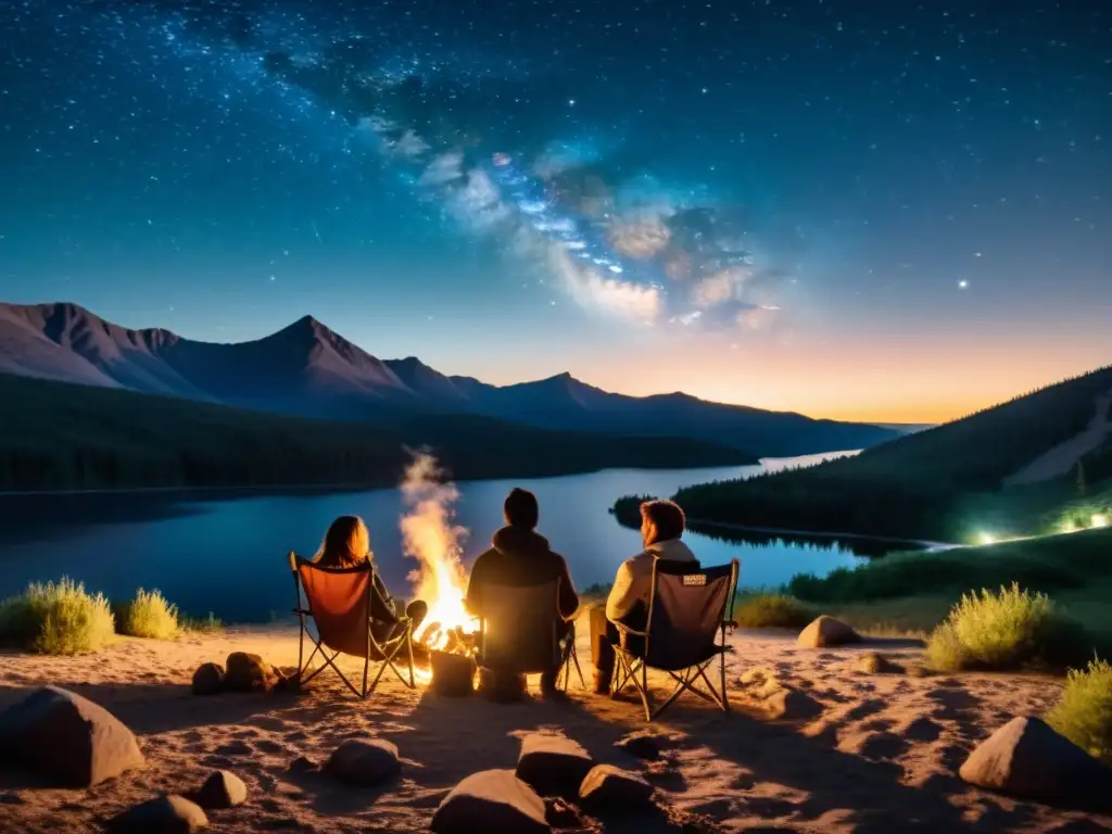 Grupo disfruta de festival observación estrellas nocturnas alrededor de fogata bajo cielo estrellado