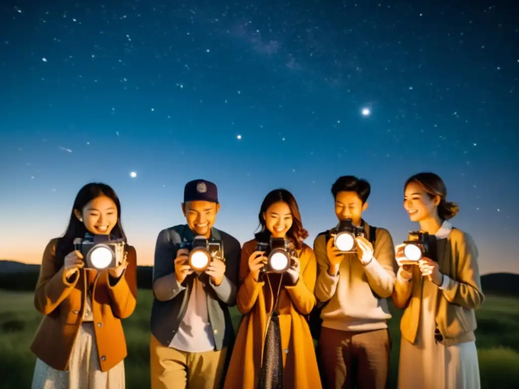 Un grupo de fotógrafos aficionados se reúnen bajo el cielo estrellado en un taller de astrofotografía para principiantes