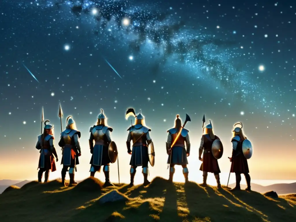 Guerreros nórdicos bajo las estrellas Un grupo de guerreros nórdicos en armadura contempla las constelaciones, envueltos en la misticidad de la mitología estrellas constelaciones guerreros
