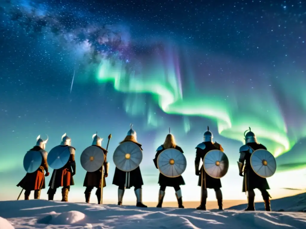 Guerreros nórdicos bajo las estrellas: batalla celestial Un grupo de guerreros nórdicos bajo las estrellas, rodeados de constelaciones, listos para la batalla en el reino celestial de la mitología