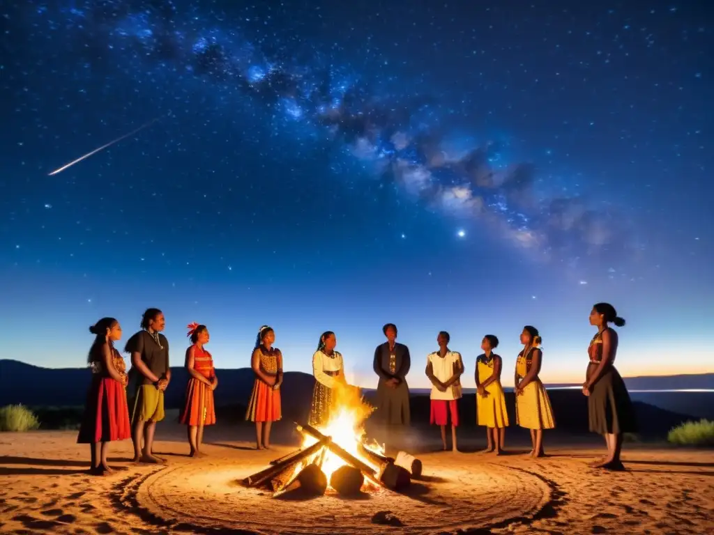 Grupo indígena celebra alrededor de fogata bajo la Cruz del Sur, mostrando significado y celebraciones de la Cruz del Sur