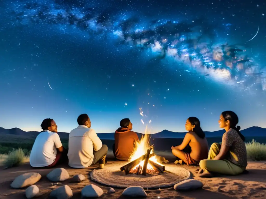 Grupo de indígenas reunidos alrededor de una fogata bajo un cielo estrellado, en una observación estelar en ceremonias indígenas