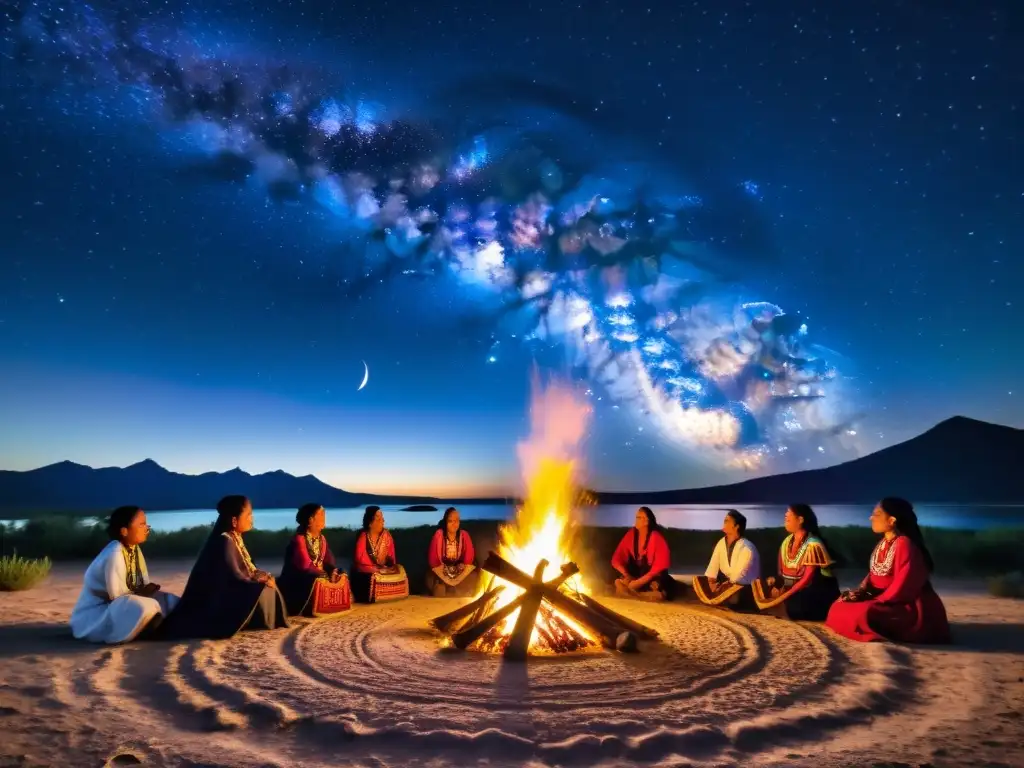 Grupo de indígenas reunidos alrededor de una fogata en una ceremonia indígena bajo el manto estrellado