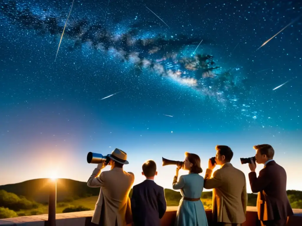 Un grupo de jóvenes detectives con lupas observando el cielo estrellado en un taller de astronomía para detectives, transmitiendo curiosidad y asombro