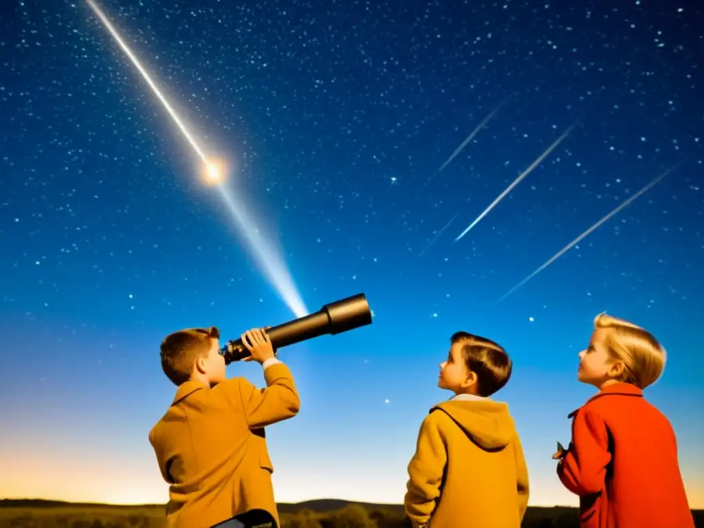 Un grupo de jóvenes detectives maravillados observa el cielo nocturno a través de un telescopio mientras un cometa surca el fondo estrellado