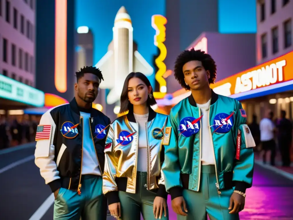 Grupo de jóvenes con estilo astronauta urbano 2021, luciendo chaquetas vintage y posando en una ciudad llena de luces neón y arquitectura retrofuturista