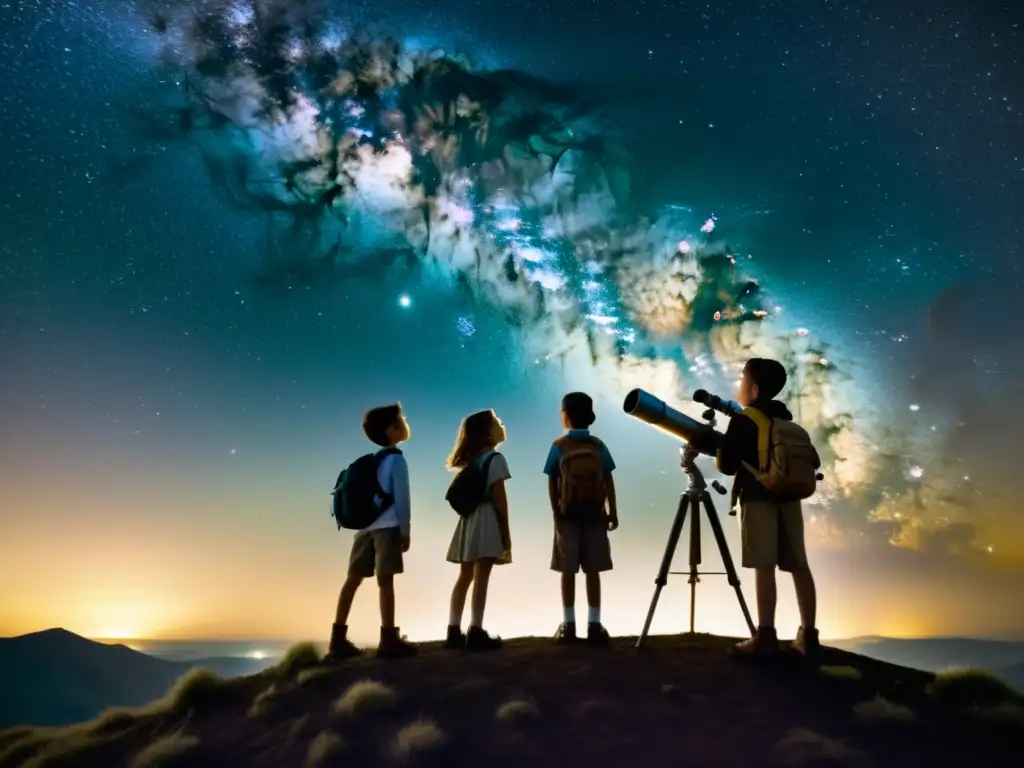 Grupo de jóvenes exploradores observando el cielo nocturno a través de un telescopio, en una iniciación a la astronomía para jóvenes