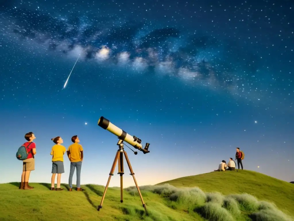 Un grupo de jóvenes exploradores emocionados se reúnen alrededor de un telescopio vintage en una colina, observando el cielo estrellado