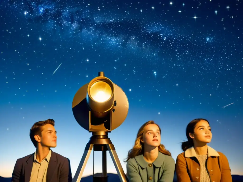 Un grupo de jóvenes exploradores observa las estrellas a través de un telescopio vintage, con expresiones de asombro