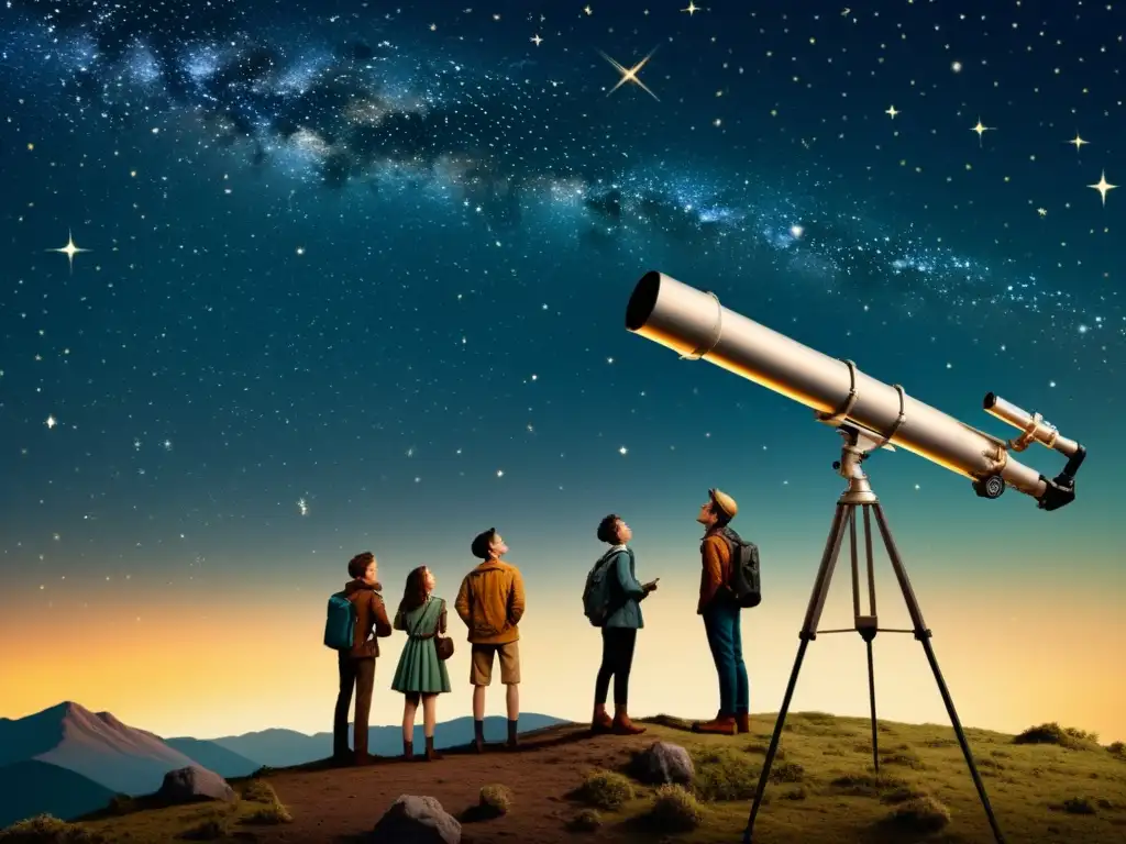 Un grupo de jóvenes exploradores mirando a través de un telescopio hacia el cielo nocturno, con detalles de constelaciones