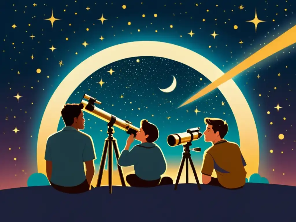 Un grupo de jóvenes exploradores observando a través de un telescopio vintage bajo un cielo estrellado