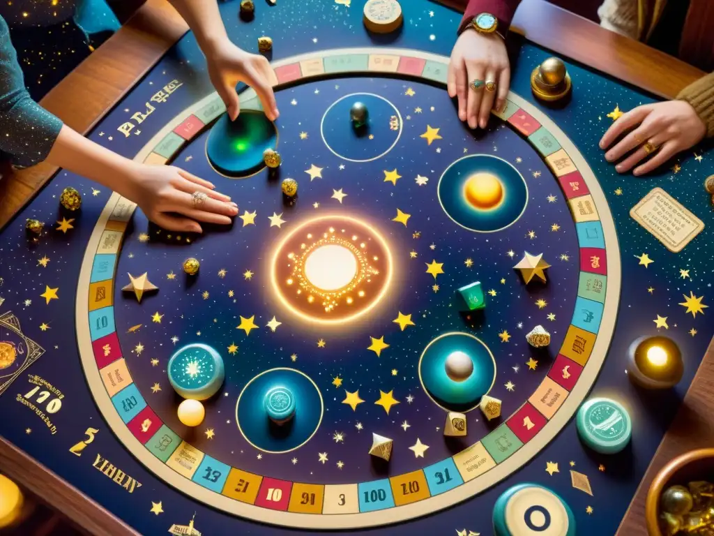 Juego de mesa vintage de astronomía: fascinación estelar Grupo disfruta de un juego de mesa de astronomía bajo un cielo estrellado