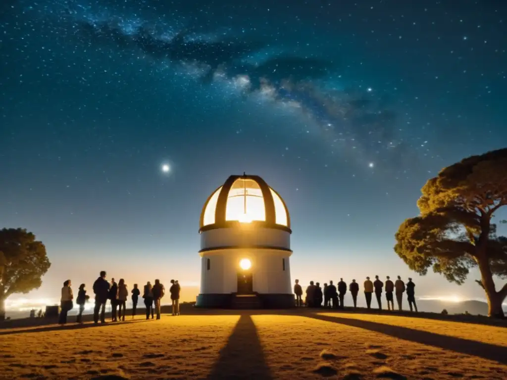 Un grupo maravillado observa el cielo estrellado desde un observatorio astronómico histórico, iluminado por linternas