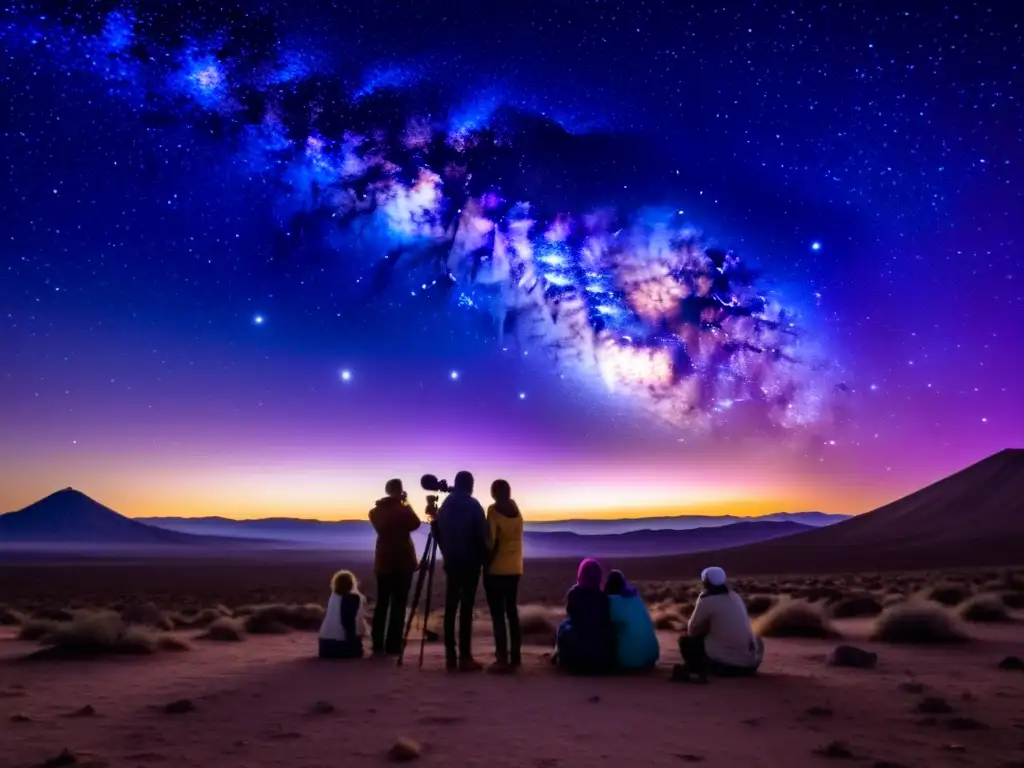 Grupo maravillado observa estrellas en el desierto de Atacama, con telescopio apuntando a brillante cúmulo