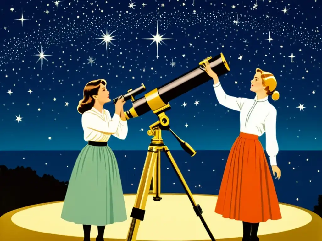 Un grupo de mujeres astrónomas observa el cielo nocturno a través de un telescopio, rodeadas de instrumentos y mapas astronómicos antiguos