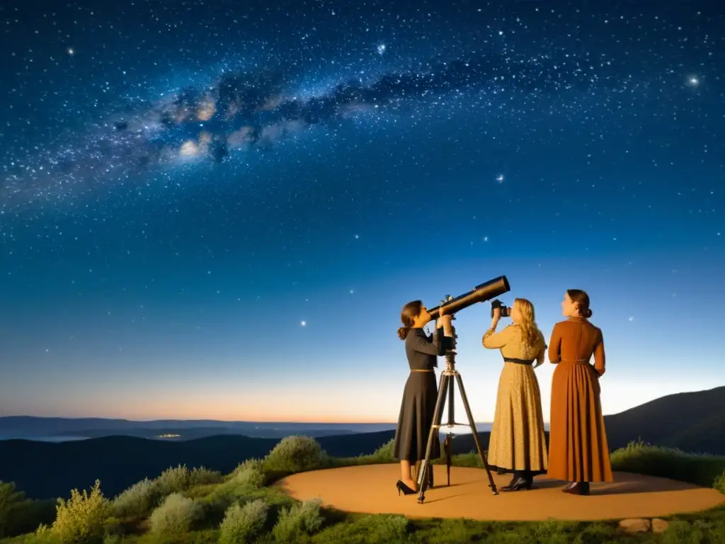 Un grupo de mujeres astrónomas observa el cielo nocturno a través de un telescopio, evocando el espíritu pionero y las contribuciones femeninas en astronomía