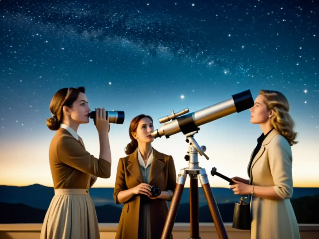 Un grupo de mujeres astrónomas observa el cielo estrellado a través de un telescopio, rodeadas de equipamiento astronómico antiguo