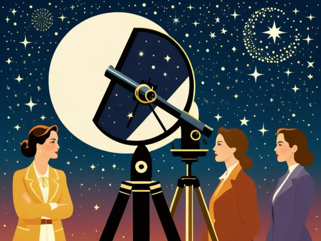 Un grupo de mujeres astrónomas observa las estrellas con asombro a través de un telescopio vintage