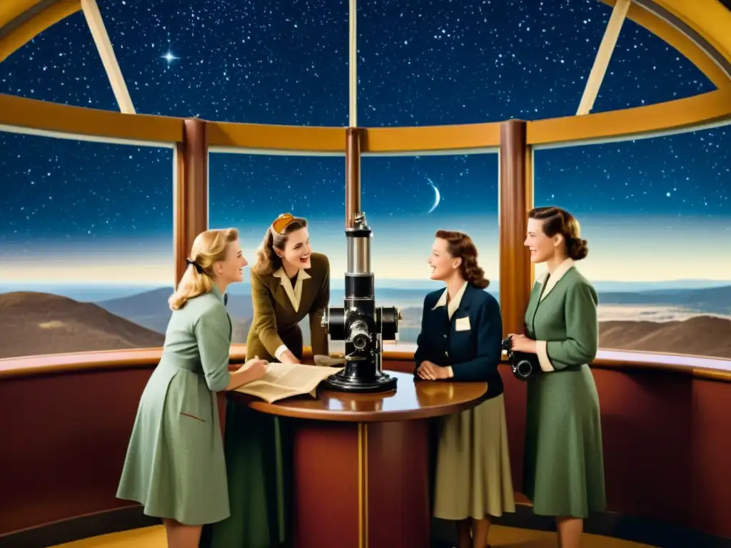 Un grupo de mujeres astrónomas trabajando juntas en un observatorio histórico, con un ambiente de camaradería y espíritu pionero