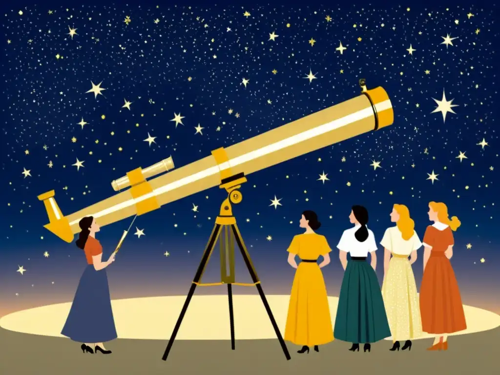 Un grupo de mujeres astrónomas se reúnen alrededor de un telescopio vintage, maravilladas por el cielo estrellado