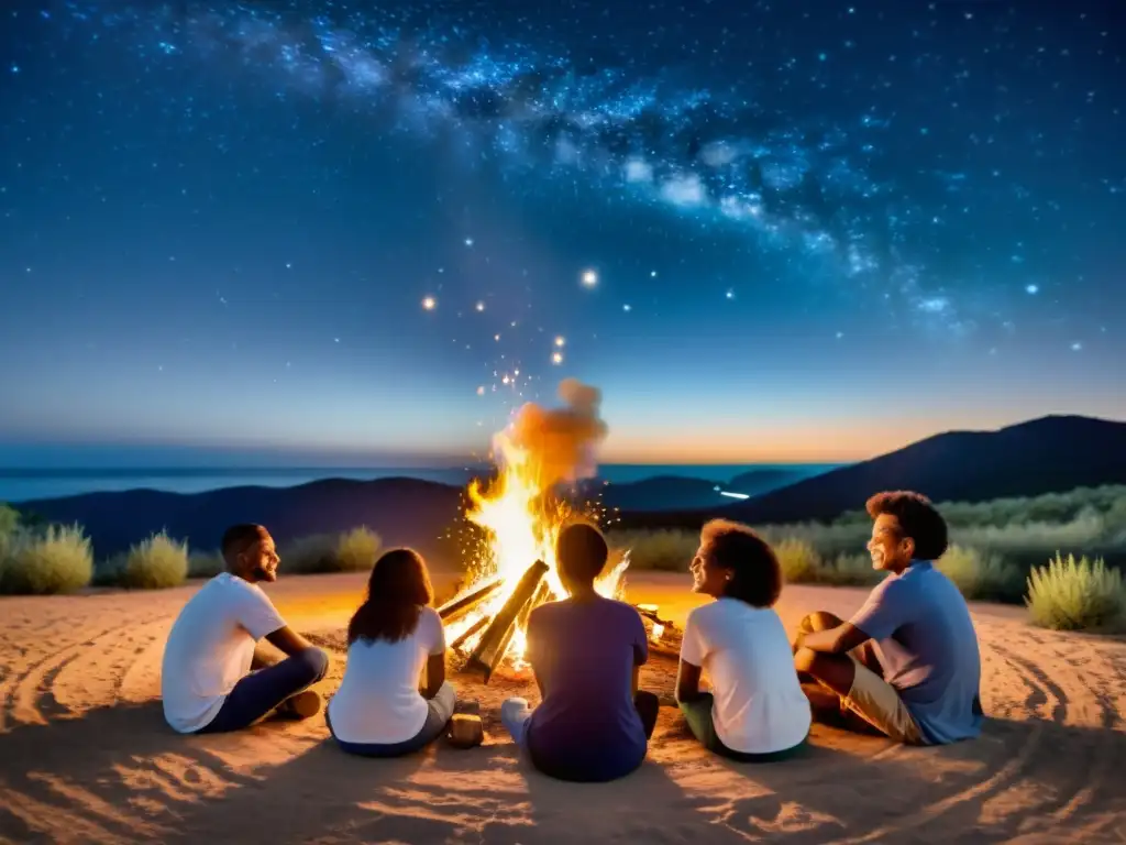 Un grupo multicultural conversa alrededor de una fogata bajo un cielo estrellado, luciendo camisetas con diseños de constelaciones