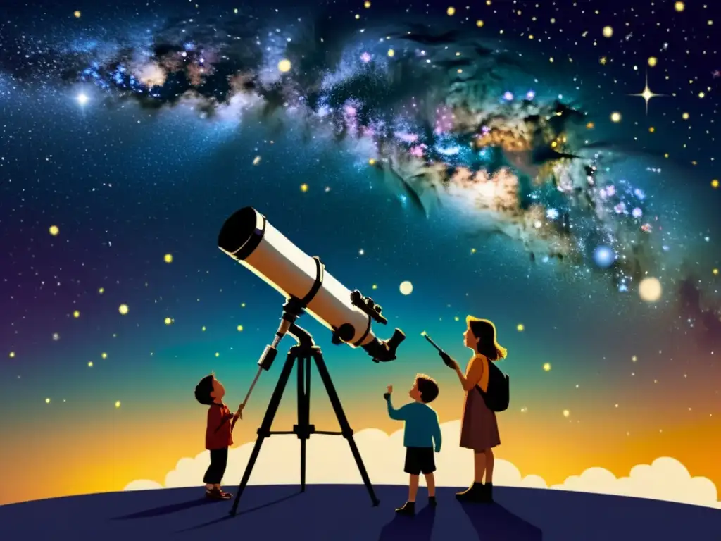 Un grupo de niños y adultos observan el cosmos a través de un telescopio vintage, sumergidos en aventuras didácticas de astronomía estelar