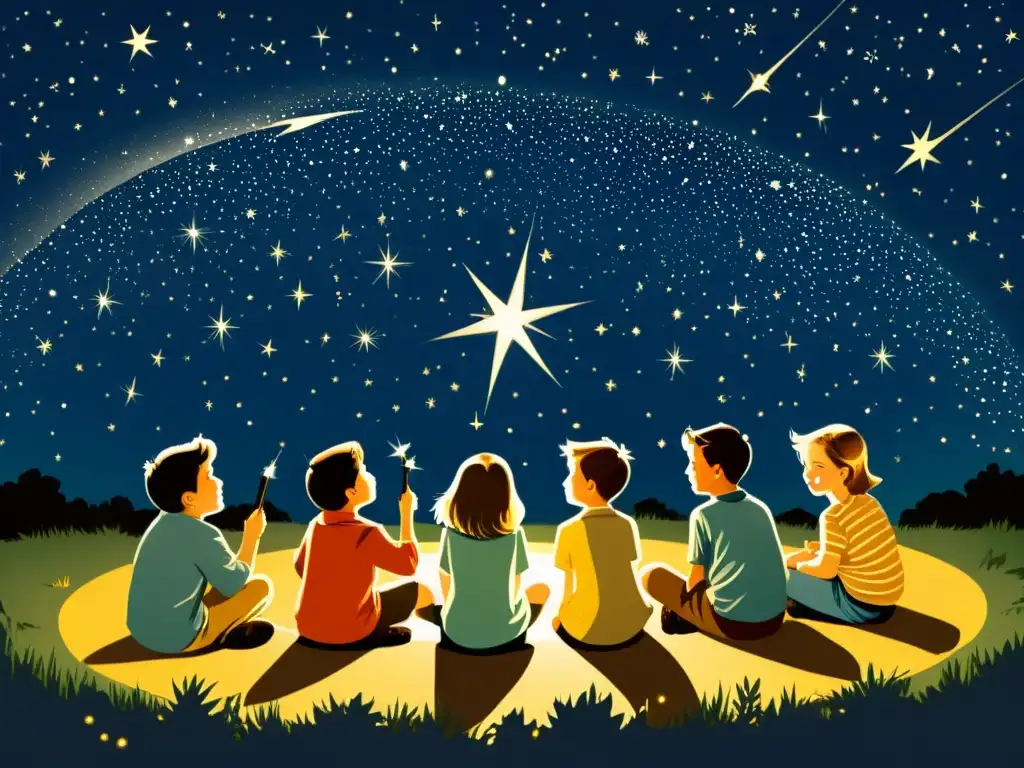 Un grupo de niños observa con asombro las estrellas en la noche con sus telescopios, en un programa educativo sobre constelaciones para niños