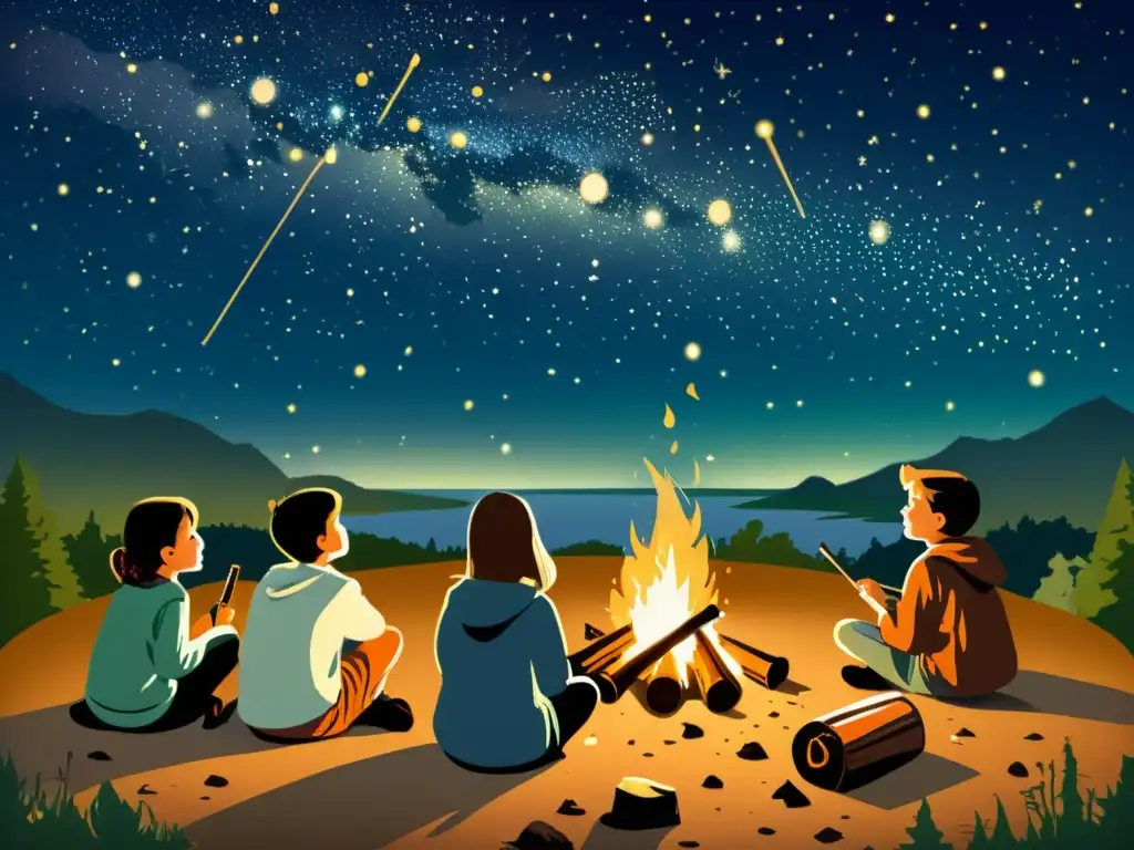 Un grupo de niños disfruta de aventuras didácticas en astronomía estelar alrededor de una fogata, observando las constelaciones